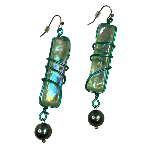 Acrylic Dangle Earrings Green Iridescent Wire Wrapped Bead Hook Chunky - Picture 1 of 5